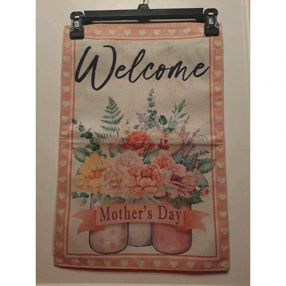 NEW 1pc Double Sided Welcome Happy Mothers Day  Garden Flag 12x18  Flowers & Jar